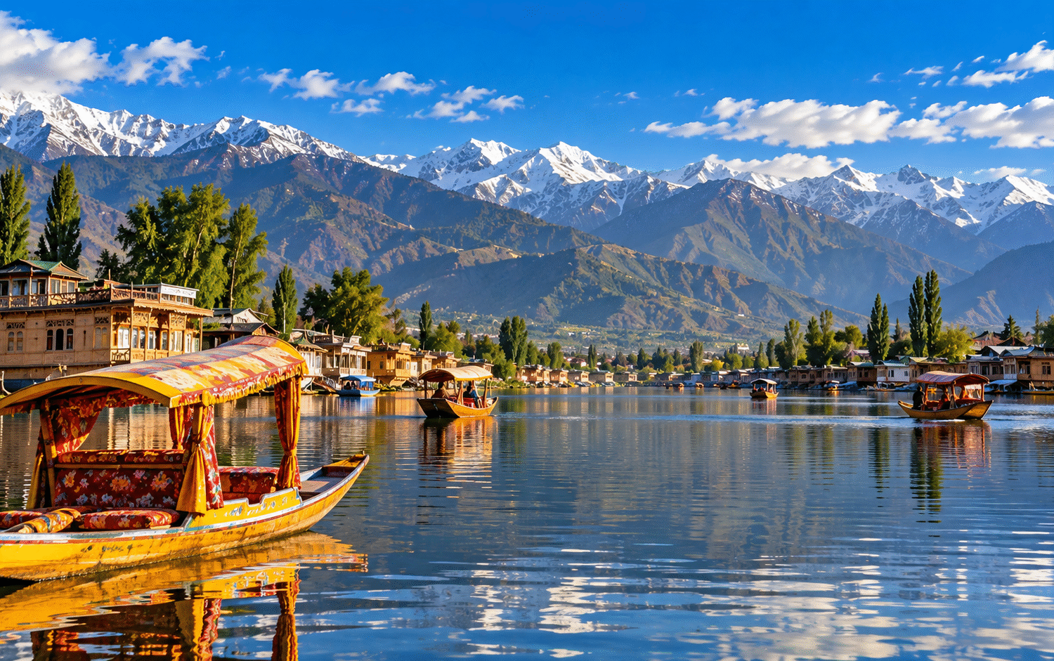 Golden-Hour Shikaras Beneath Snowy Peaks
