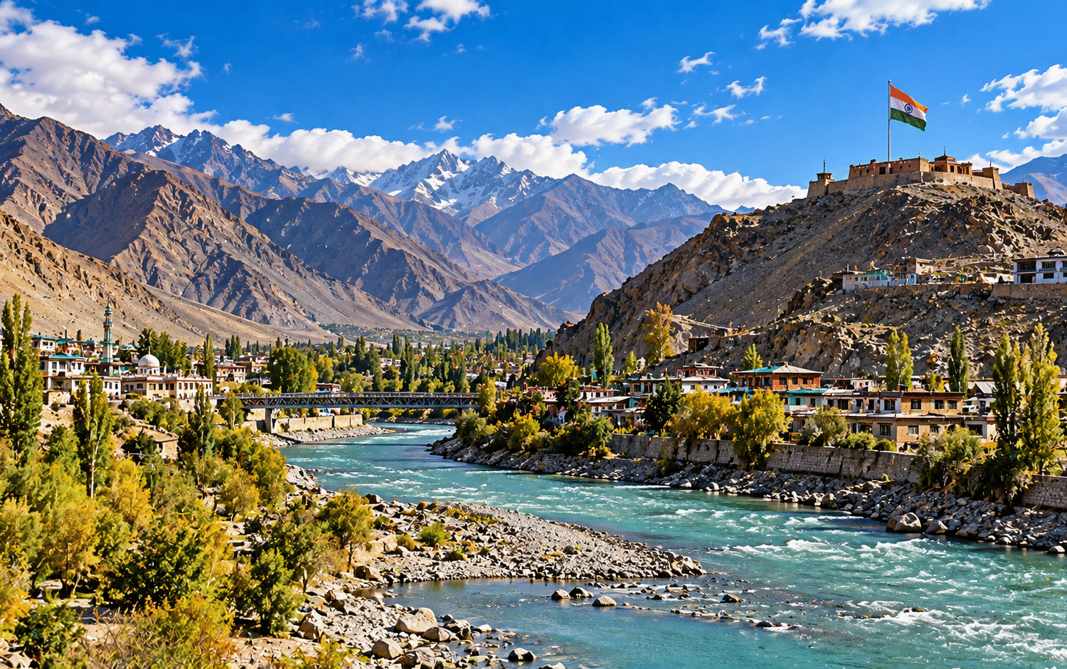 Kargil Valley Panorama with River and Flag